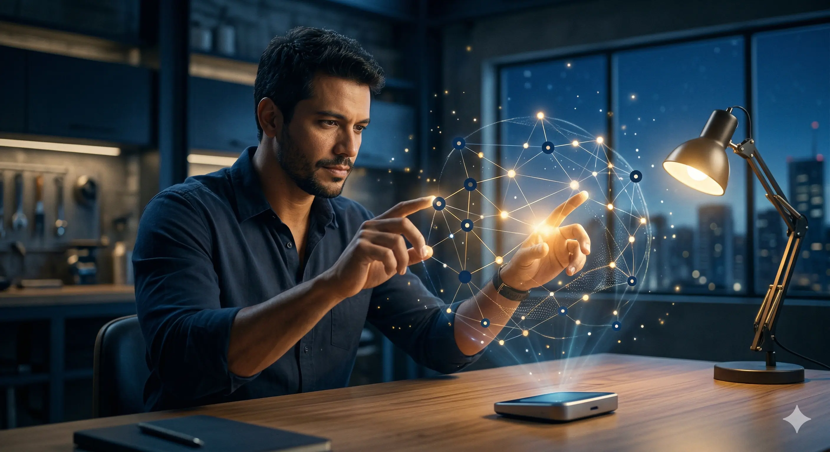 Agentes de IA trabalhando em interface holográfica