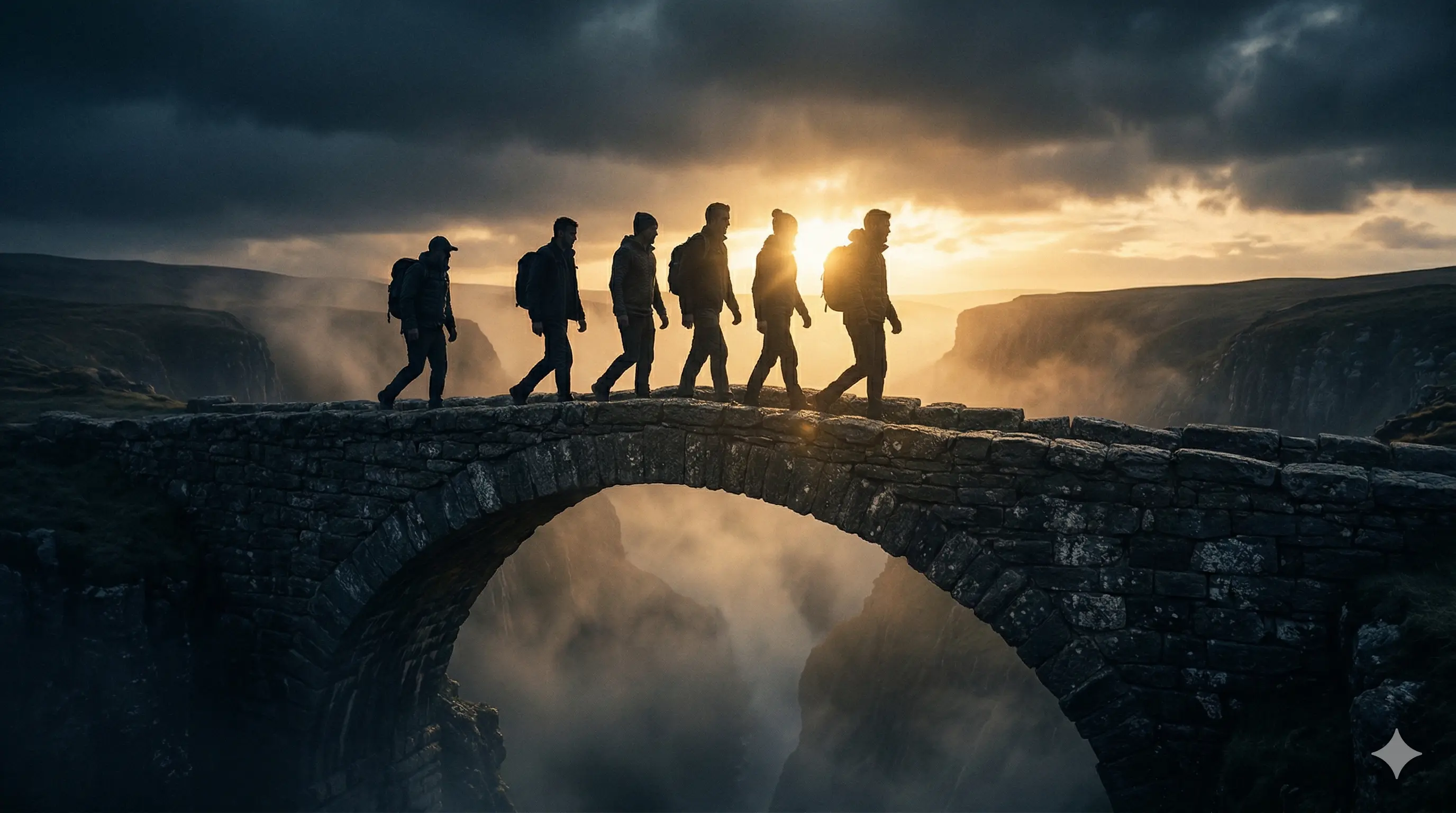 Homem solitário caminhando em um píer em direção a um pôr do sol dramático, representando a travessia